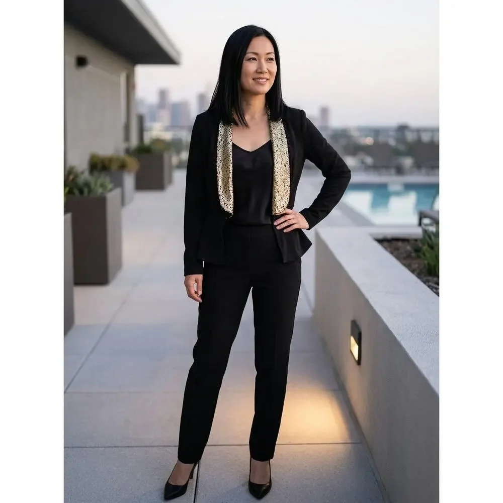 Mandee Black Gold Sequin Shawl Collar Peplum Open Front Jacket Women Size L